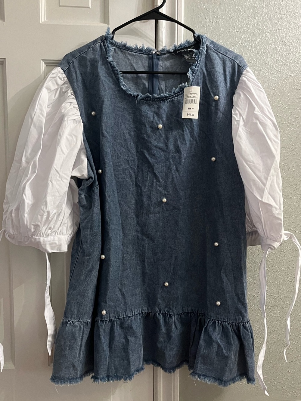 Ashley Stewart Light Blue Denim Tunic with Pearl Accents